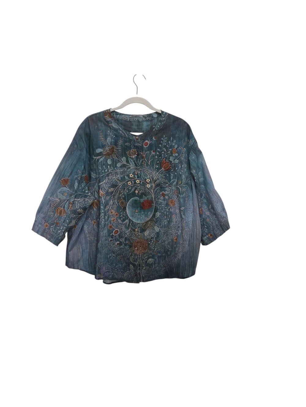 2XL Teal Floral Cotton Linen Button Front Artsy Boho Jacket Blouse Lagenlook
